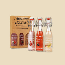 Load image into Gallery viewer, Three miniature bottles of Gin Liqueurs in presentation box